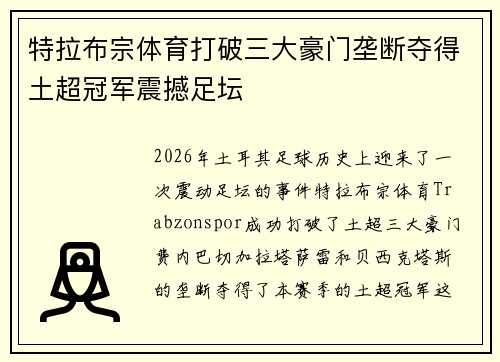 特拉布宗体育打破三大豪门垄断夺得土超冠军震撼足坛 特拉布宗体育打破三大豪门垄断夺得土超冠军震撼足坛